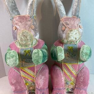 Vintage Felt Flocked Velveteen Easter Rabbit Figure Papier-Mâché 16” ~ Set Of 2
